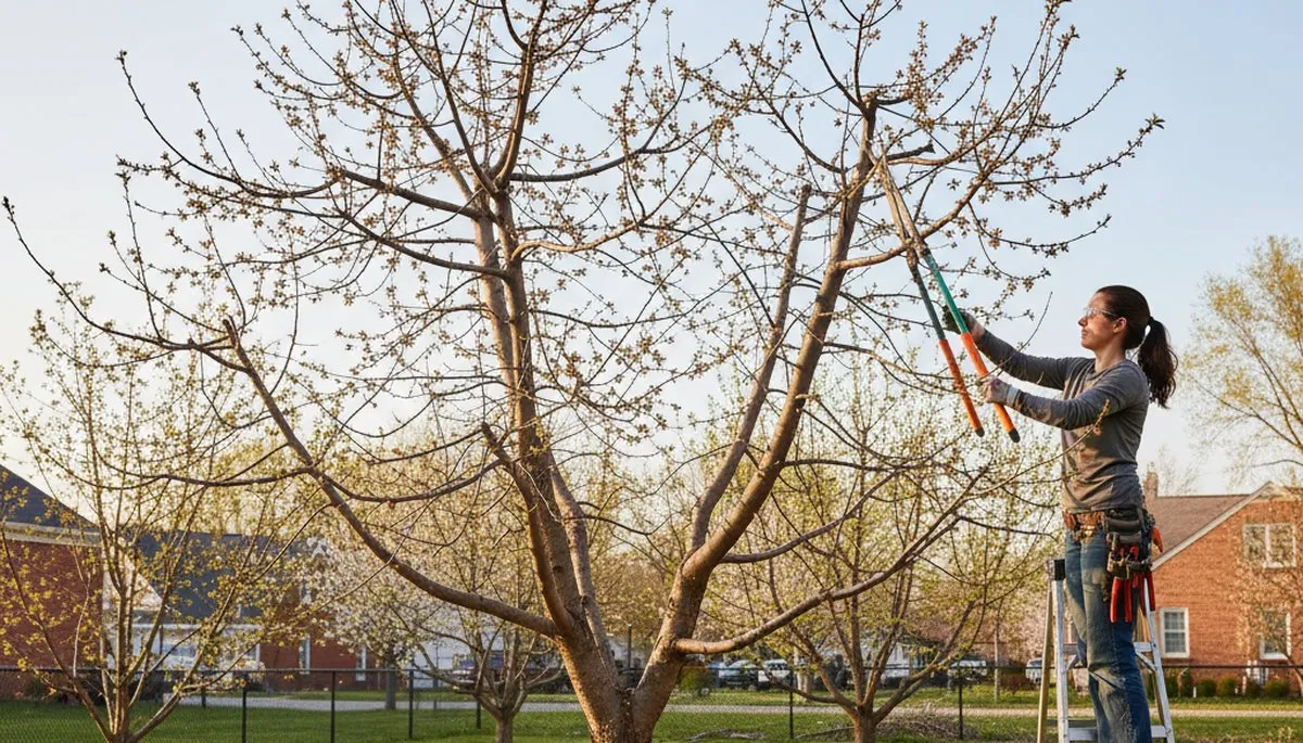 Arborist pruning fruit tree in Louisville KY backyard orchard to boost growth and harvest productivity