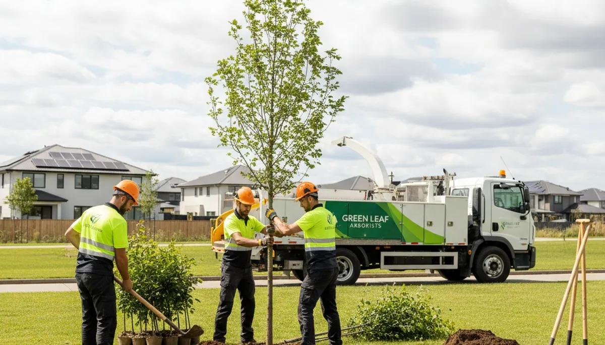 Arborists planting new trees in Louisville KY yard for Chop Chop Tree professional tree planting service