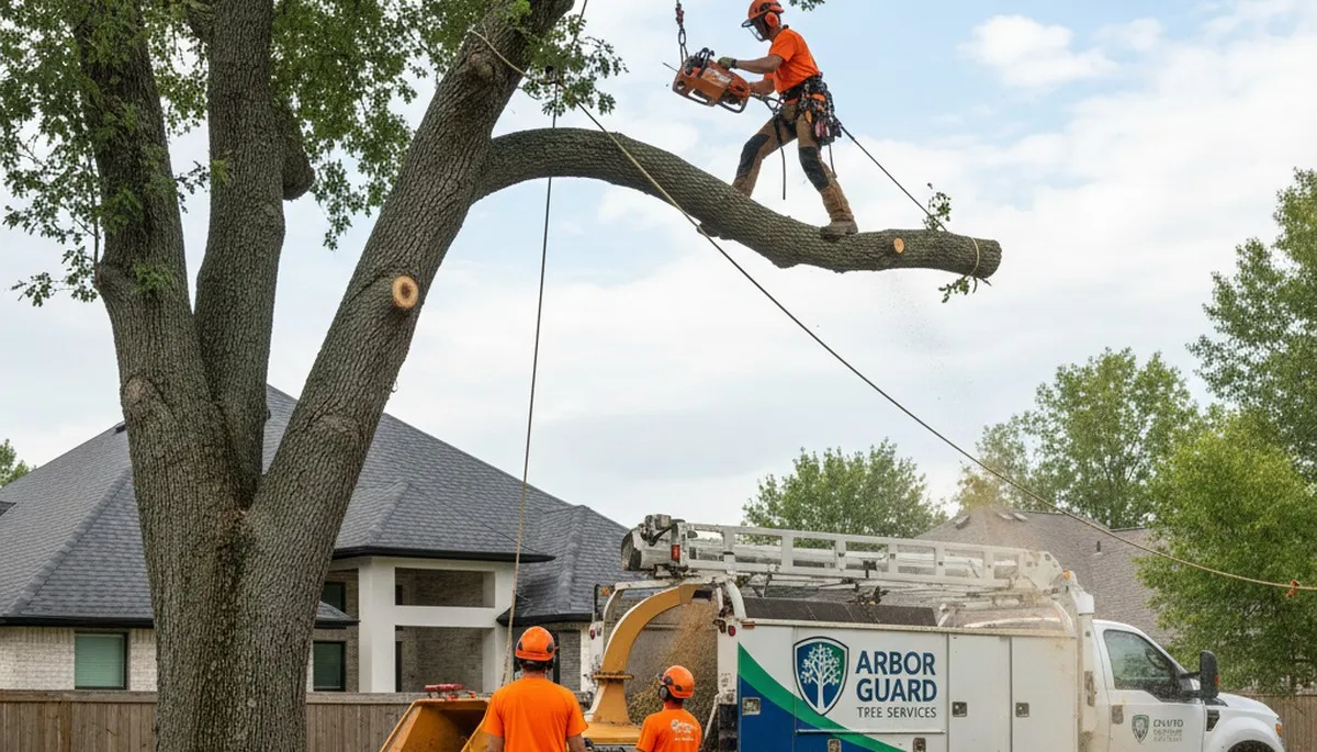 Professional tree removal service in Louisville, KY safely cutting down a large damaged oak tree