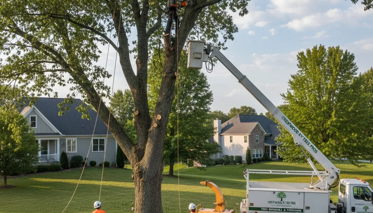 Professional tree removal service in Louisville KY safely cutting large oak tree on residential property
