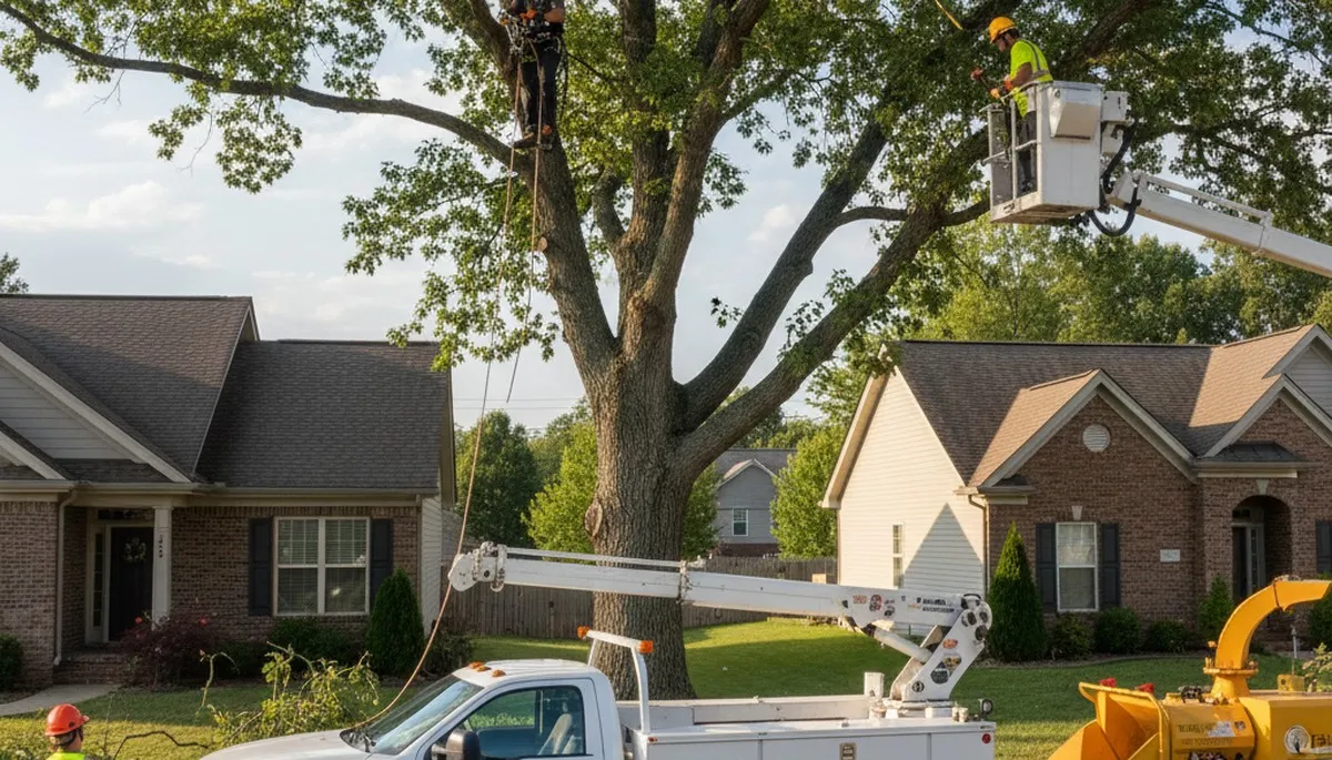 Professional tree removal service in Louisville KY safely cutting and clearing large oak tree