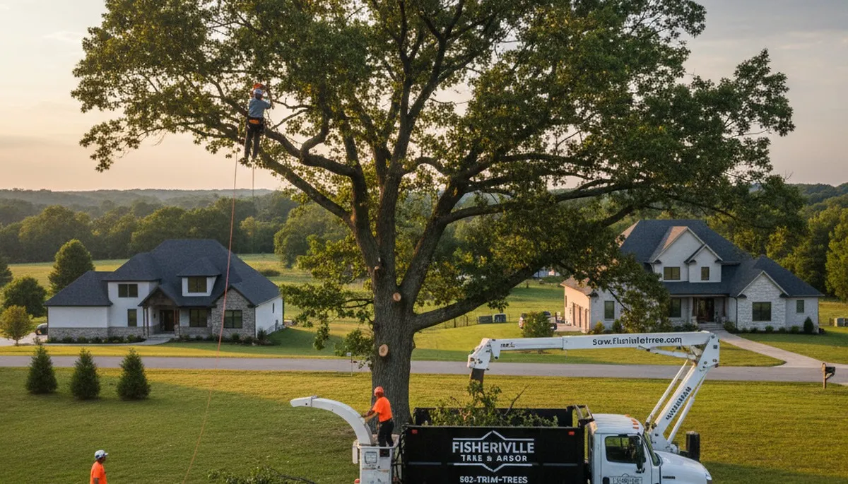 Professional tree removal service team working safely in Louisville, KY yard
