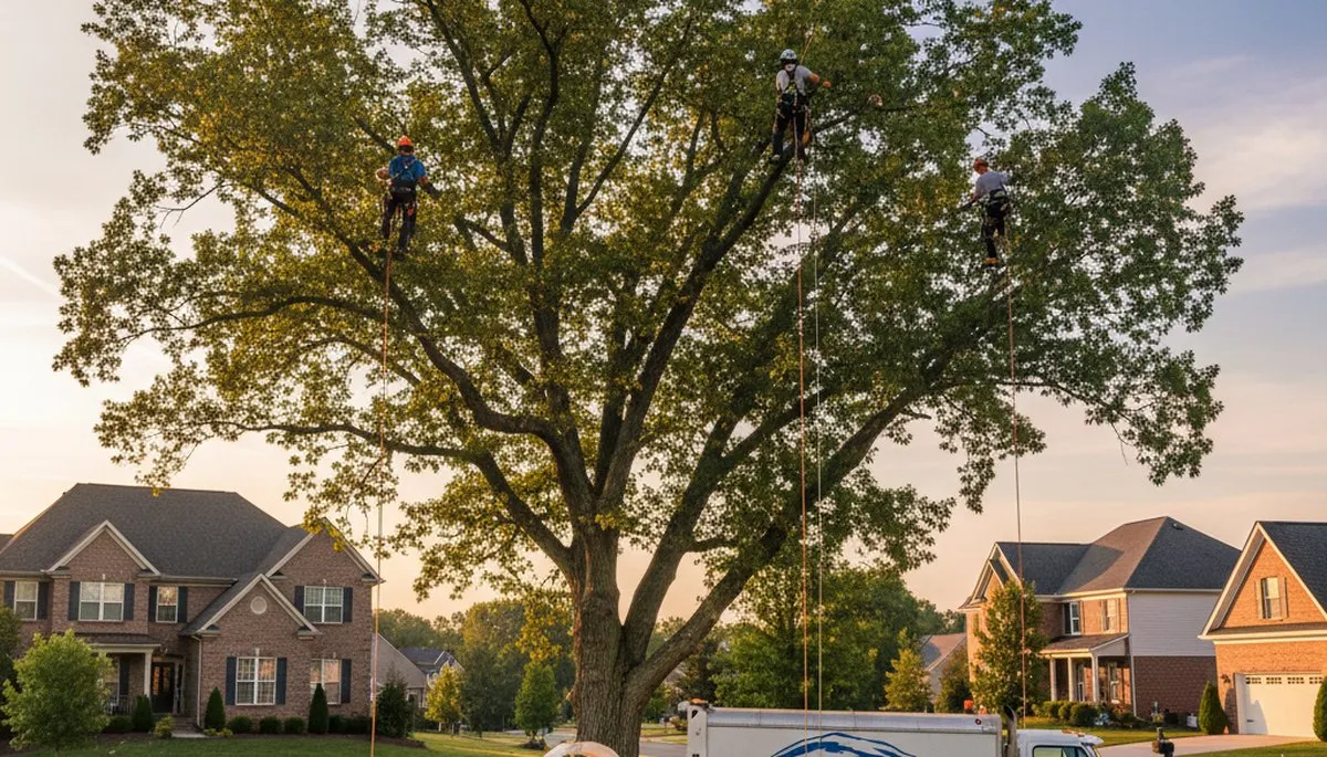 Professional tree removal service in Louisville KY safely cutting and hauling large oak tree