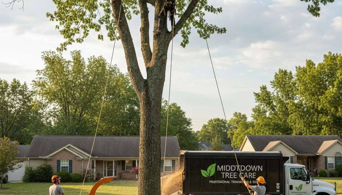 Professional tree removal service in Louisville KY safely cutting and clearing large oak trees